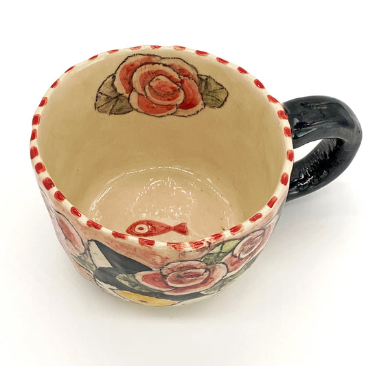 Ceramic Mug with roses and cat motif